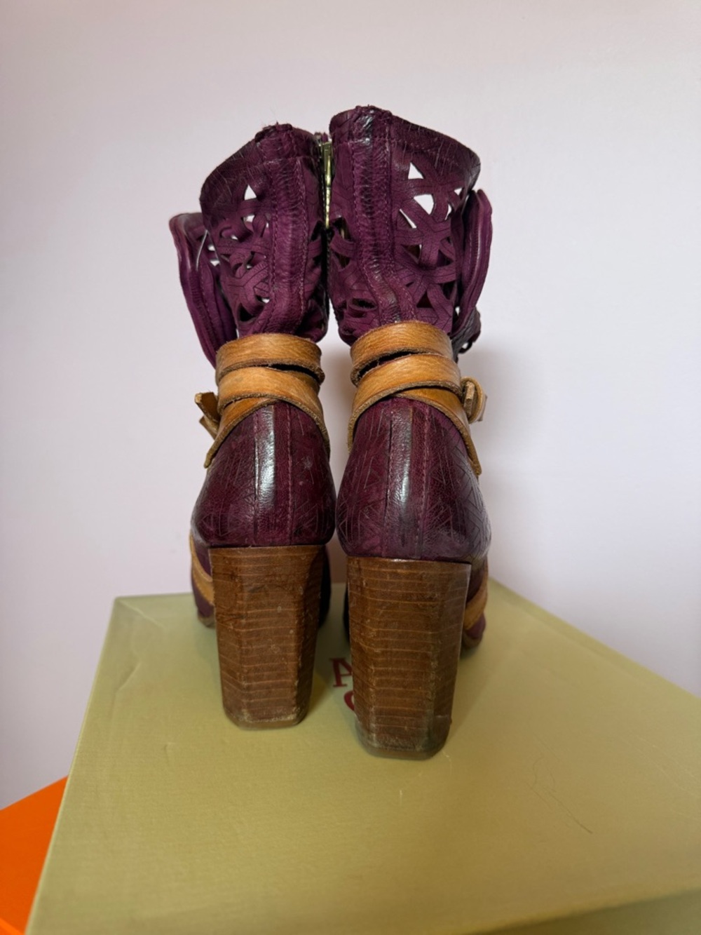 A.S.98 Plum Leather Ankle Boots with Tan Strap - Picture 3 of 5